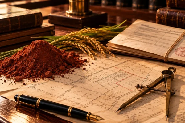 Paddy land filling cases in Kerala A mound of red earth and stalks of ripe paddy beside an old survey sketch, a brass compass, a fountain pen and a folded notice on a wooden desk