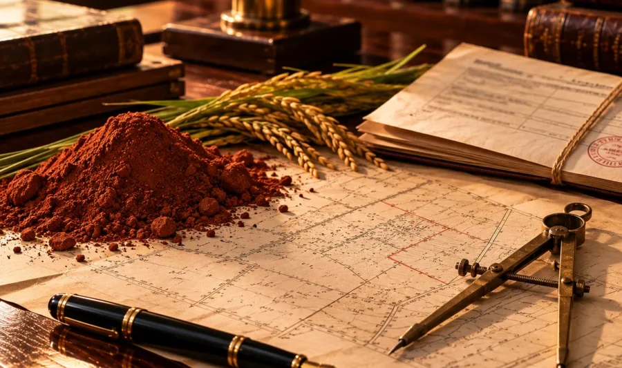 Paddy land filling cases in Kerala A mound of red earth and stalks of ripe paddy beside an old survey sketch, a brass compass, a fountain pen and a folded notice on a wooden desk