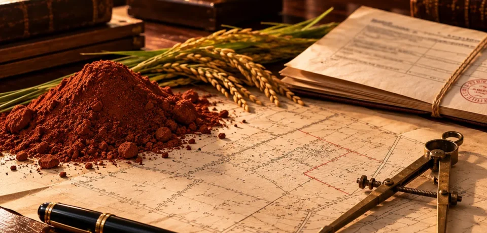 A mound of red earth and stalks of ripe paddy beside an old survey sketch, a brass compass, a fountain pen and a folded notice on a wooden desk