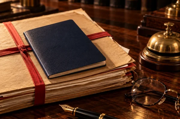 Passport with a pending criminal case A plain dark blue passport-style booklet resting on court files tied with red tape, beside a brass desk bell, reading glasses and a fountain pen
