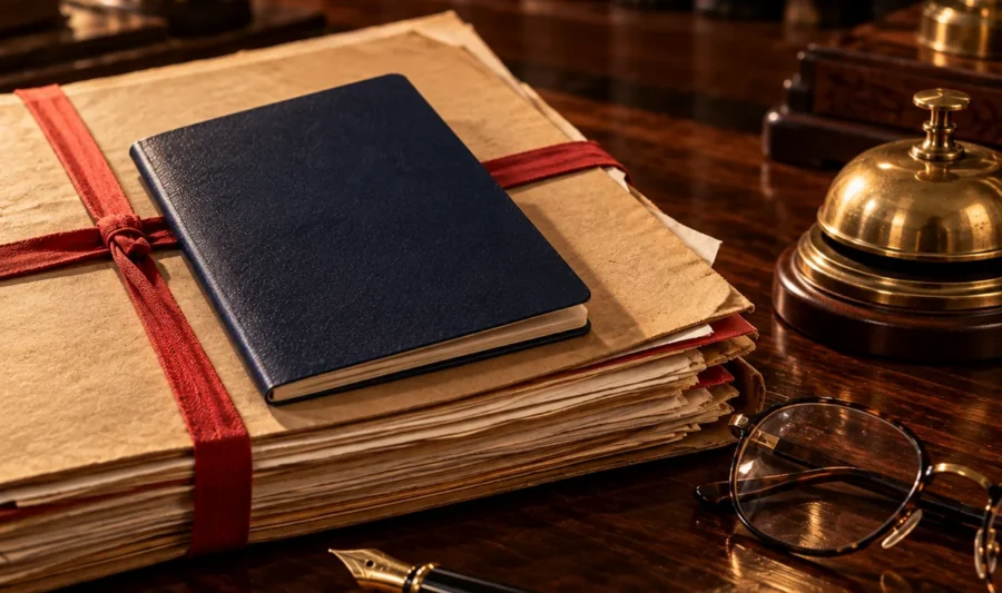 Passport with a pending criminal case A plain dark blue passport-style booklet resting on court files tied with red tape, beside a brass desk bell, reading glasses and a fountain pen