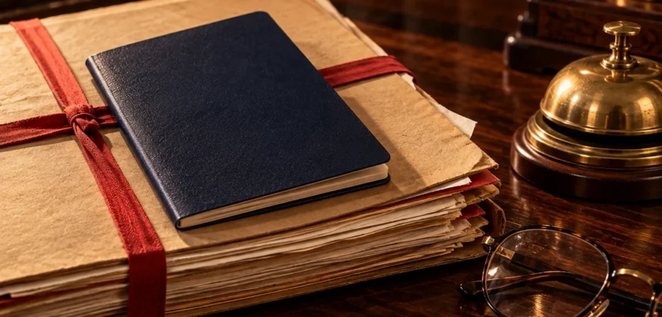 A plain dark blue passport-style booklet resting on court files tied with red tape, beside a brass desk bell, reading glasses and a fountain pen