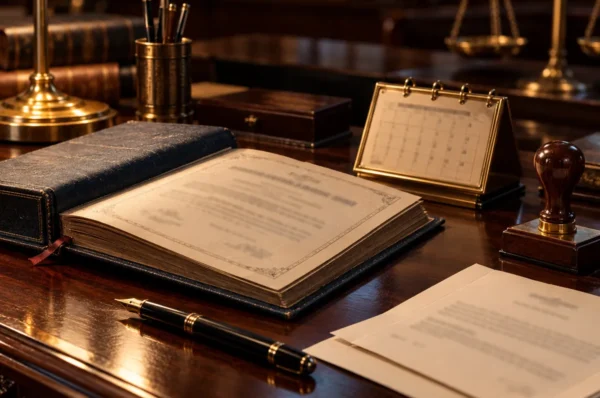 SSLC date of birth correction in Kerala An open certificate register, a fountain pen, a desk calendar, a wooden seal stamp and folded papers on a polished desk under a brass lamp