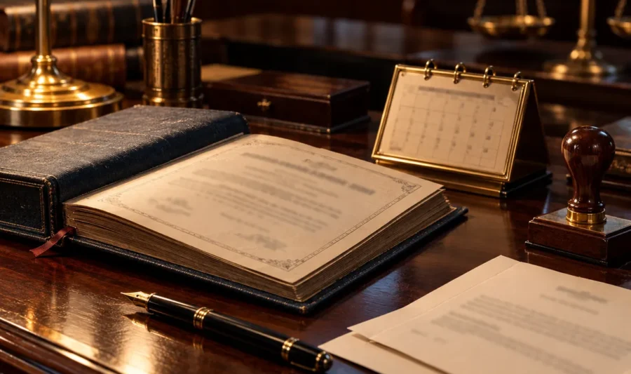 An open certificate register, a fountain pen, a desk calendar, a wooden seal stamp and folded papers on a polished desk under a brass lamp