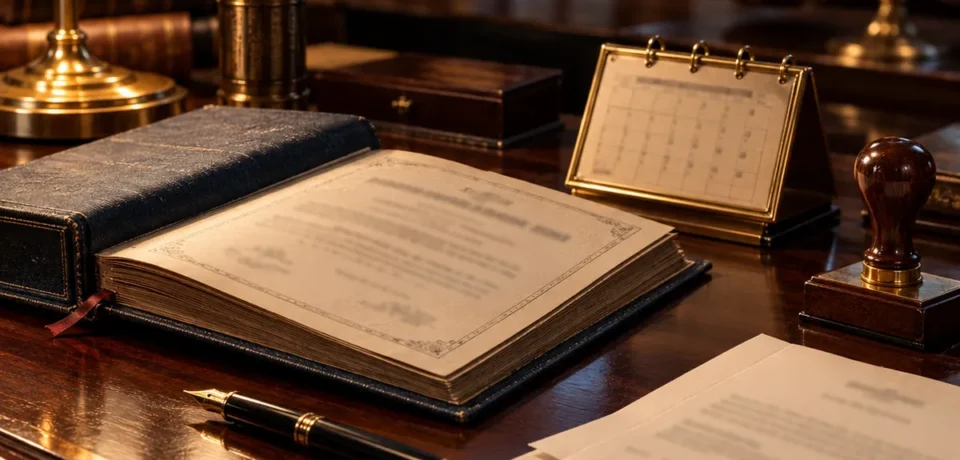 An open certificate register, a fountain pen, a desk calendar, a wooden seal stamp and folded papers on a polished desk under a brass lamp