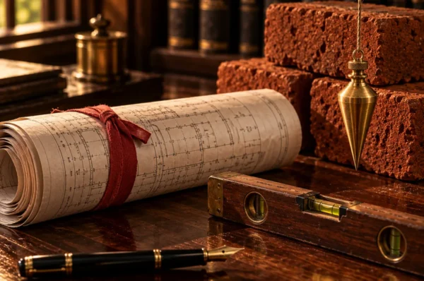 Stop memo or demolition notice in Kerala A rolled building plan tied with red tape beside red laterite bricks, a brass plumb bob, a wooden spirit level and a fountain pen on a wooden desk