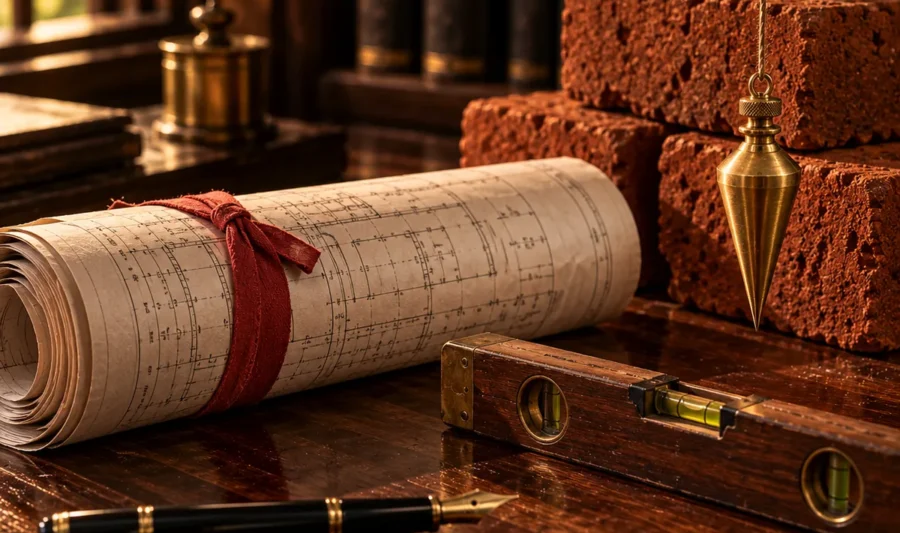 A rolled building plan tied with red tape beside red laterite bricks, a brass plumb bob, a wooden spirit level and a fountain pen on a wooden desk