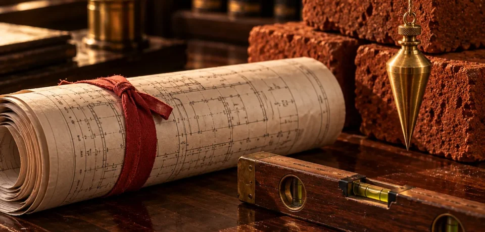A rolled building plan tied with red tape beside red laterite bricks, a brass plumb bob, a wooden spirit level and a fountain pen on a wooden desk