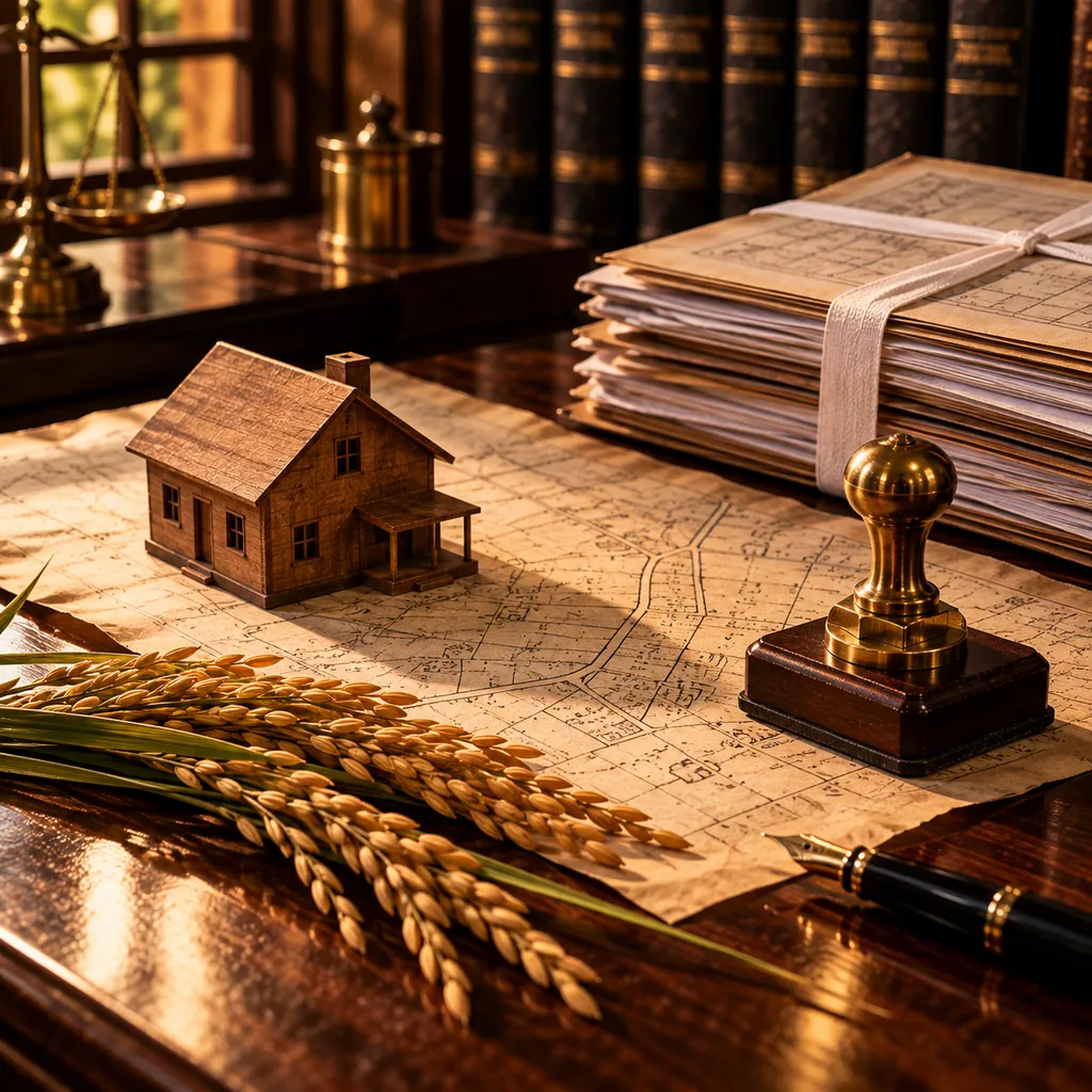 A wooden house model on a village survey map beside paddy stalks, a brass office seal and tied land record files